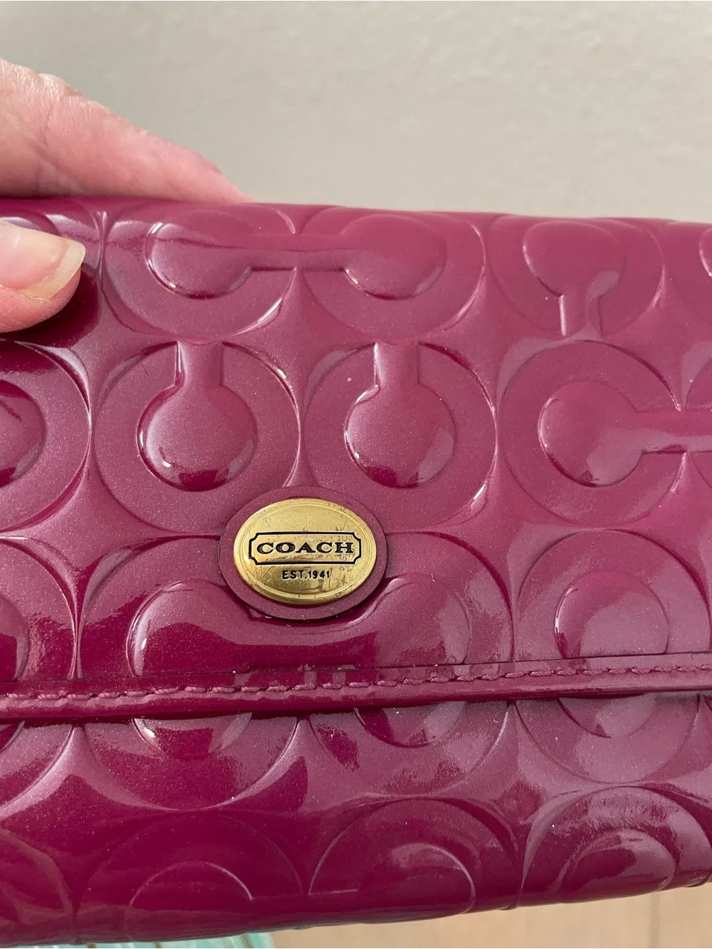 Coach Pink Ruby Signature C Embossed Patent Leather Slim Envelope Wallet